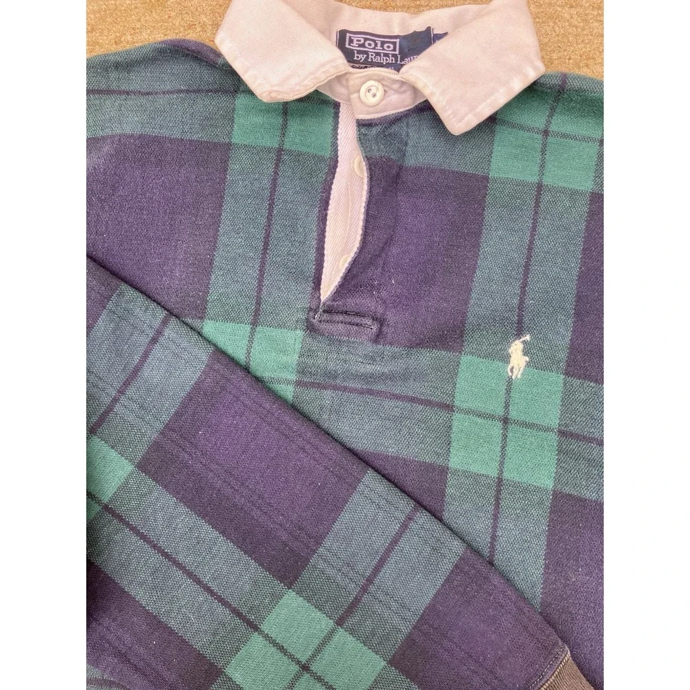 RARE Polo Ralph Lauren Black watch Plaid Rugby Shirt Soft Med Vtg Made In USA